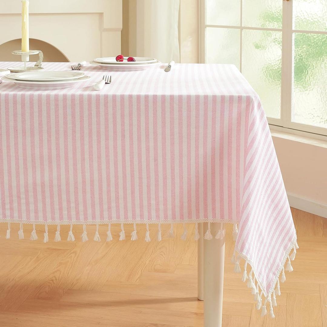 meioro Striped Square Tablecloth, Cotton Blend Fabric Pink Table Cloth with Tassel, Washable Wrinkle Free Table Cover Cute Small Tablecloths for Mahjong Card Coffee Tables and Outdoor - 36 x 36 Inch
