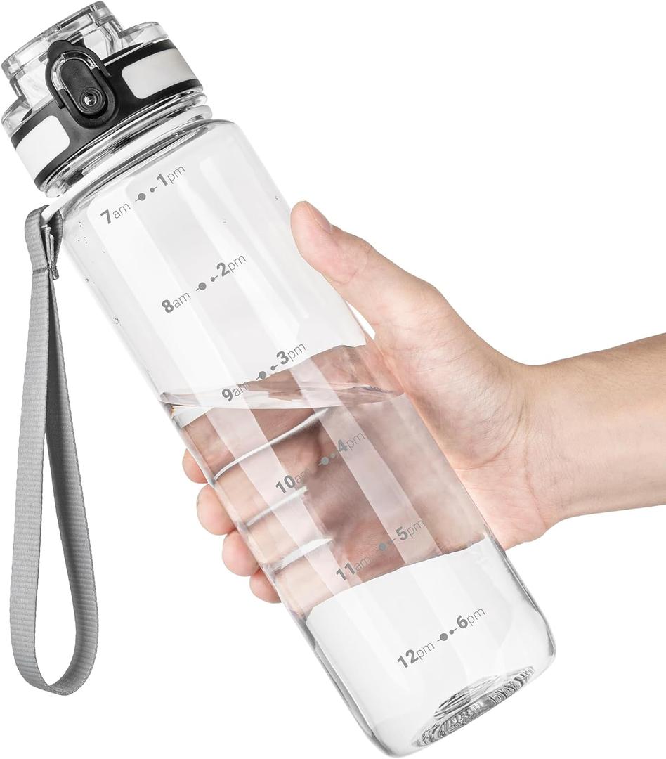 OLDLEY 32 oz Water Bottle, Motivational Water Bottle with Time Marker, Sports Water Bottle With Strap, Leakproof & BPA Free Large Water Bottles for School, Gym, Travel, Outdoor, Tritan, Transparent