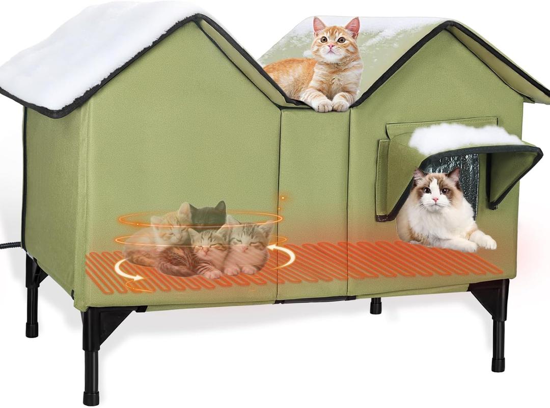 Heated Outdoor Cat House Weatherproof for Winter - Extra Large Heated Cat House for Outside Waterproof, Elevated Base, Escape Door, Insulated Outdoor Cat Shelter for Multiple Cats Feral Stray Kitty