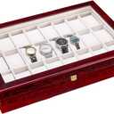 24 Slots Wooden Case Watch Display Box for Men Women Glass Top Collection Box Jewelry Storage Organizer Holder Storage Gifts (16.7" x 11.42" x 3.15", Bright Mahogany Red)
