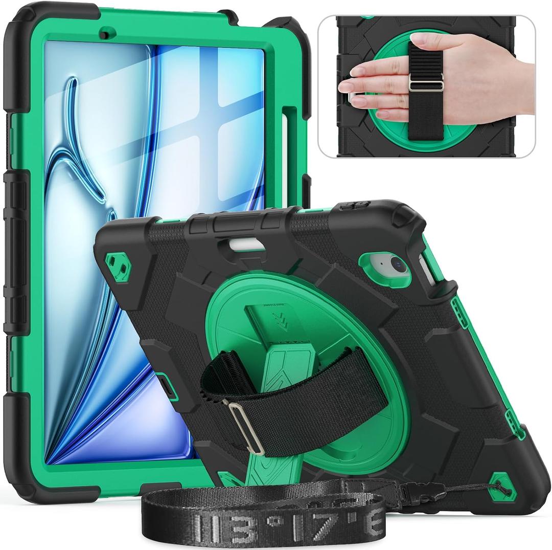 Timecity Case for iPad Air 11 Inch M4 2026/ M3 2025/ M2 2024 (Air 7th/ 6th Generation), Heavy Duty Shockproof Protective Case with Screen Protector, Rotating Stand and Hand/Shoulder Strap, Green