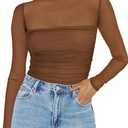 Zeagoo Womens Mesh Sheer Long Sleeve Top Mock Turtle Neck See Though Shirts Ruched Sexy Casual Going Out Blouses (Brown)