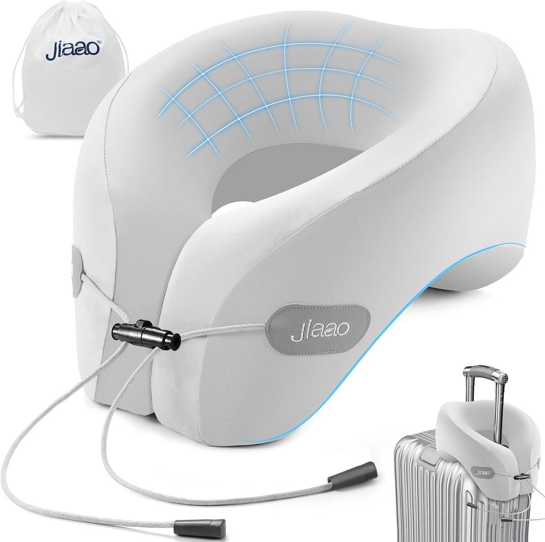 Jiaao Travel Pillow Memory Foam Neck Support, Advanced Memory Foam Neck Pillow for Airplanes, Cars & Trains with Eye Mask, Earplugs & Storage Bag
