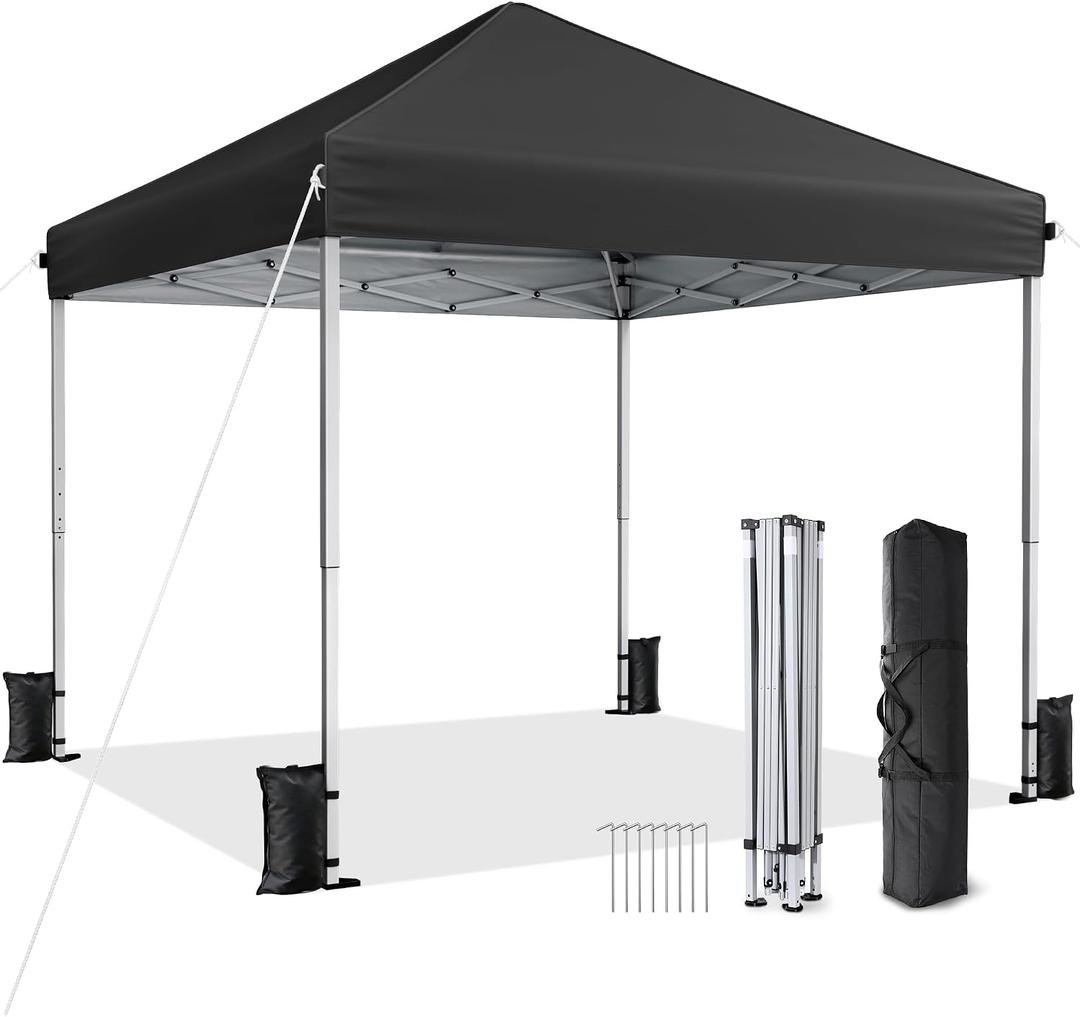 10x10 Pop Up Canopy Tent with One-Push Center Lock,Black | 3 Adjustable Heights, Carry Bag Included, Tents for Camping, Backyard, Beach, Parties and Outdoor Events, Black 