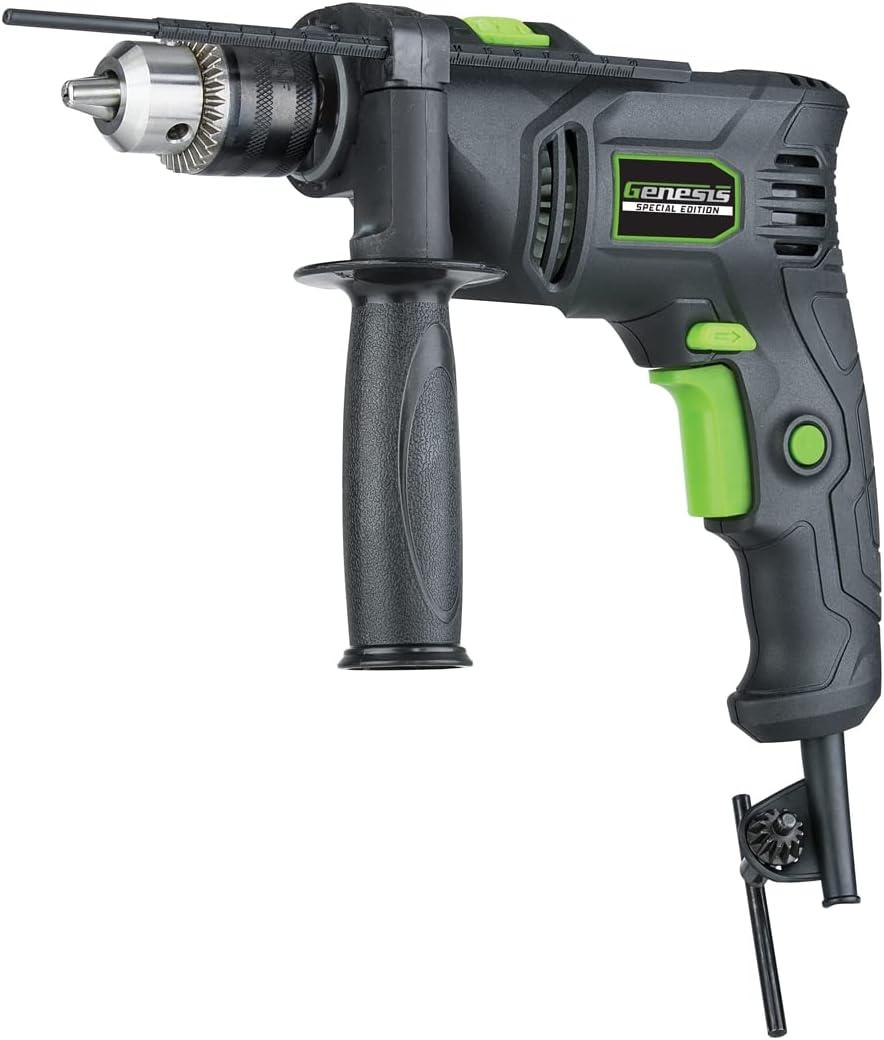 Genesis 1/2 5.0A Hammer Drill VSR with Auxiliary Handle, Chuck Key and Key Holder and 5ft Power Cord GHD1250SE