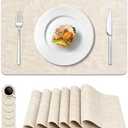 Vinyl Placemats Set of 6, Faux Leather Waterproof and Heat Resistant Place Mats, Washable Anti-Slip Table Mats with Coaster, Wipeable Placemats for Indoor & Outdoor 17" x 12" (Beige, Set of 6)