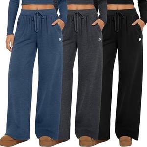 Neer 3 Pack Women's Wide Leg Pants, High Waisted Baggy Cotton Sweatpants Casual Athletic Drawstring Yoga Pants with Pockets, Medium 