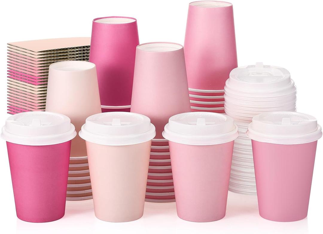 48 Pcs 12 oz Disposable Coffee Cups with Lids and Sleeves Bulk, Insulated Hot Chocolate Paper Cup for Hot and Cold Beverage Water Juice Cocoa Tea Party Restaurants Travel Supplies (Gradient Pink)