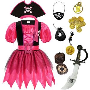 SIZGAROOT Girls Pirate Costume Kids with Accessories Halloween Party Dress Up (3-4T, Pink)