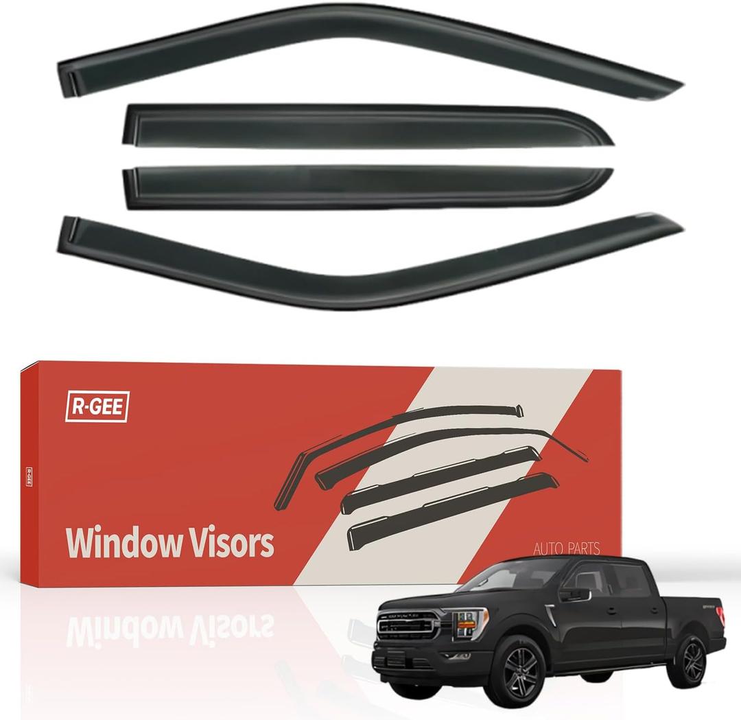 R-GEE Window Rain Guards Fit for 2015-2024 Ford F150 SuperCrew, 2017-2024 F-150 Raptor / F250 F350 F450 SuperCrew Super Duty Crew Cab, Window Vent Wind Deflectors Visors Shades, 4 Pieces