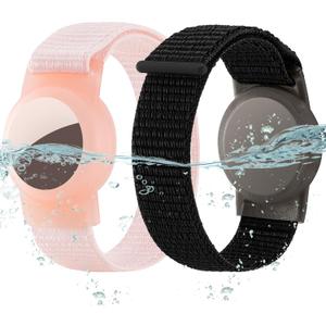 Waterproof Bracelet for Airtag (Gen 1 & 2) Kids 2 Pack, Soft Nylon Hidden Air Tag Wristband Full Cover Lightweight GPS Holder Compatible with Apple AirTag Band for Toddler Child (Black & Pink)