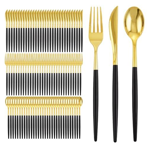 I00000 300Pcs Black Plastic Silverware, Happy New Year Gold Disposable Silverware, Black and Gold Plastic Utensils Include 100 Forks 100 Knives 100 Spoons, Disposable Cutlery for Wedding