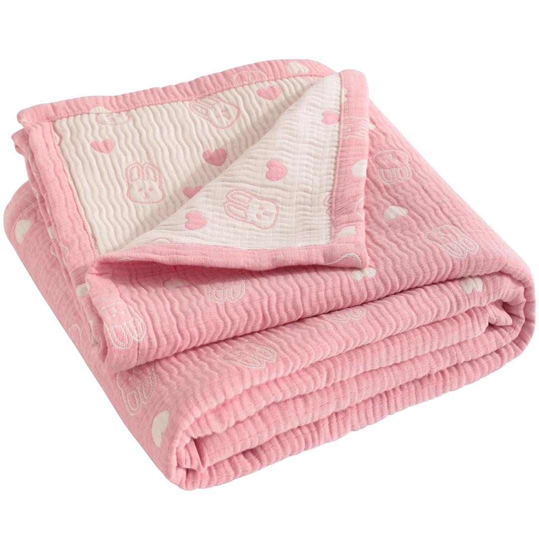 NTBAY 3 Layer Muslin Cotton Toddler Blanket, Jacquard Reversible Nursery Bed Blanket, Super Soft and Thermal for All Seasons, Decoration Gift, 30"x40", Pink Rabbit (30x40 Inch (Pack of 1))