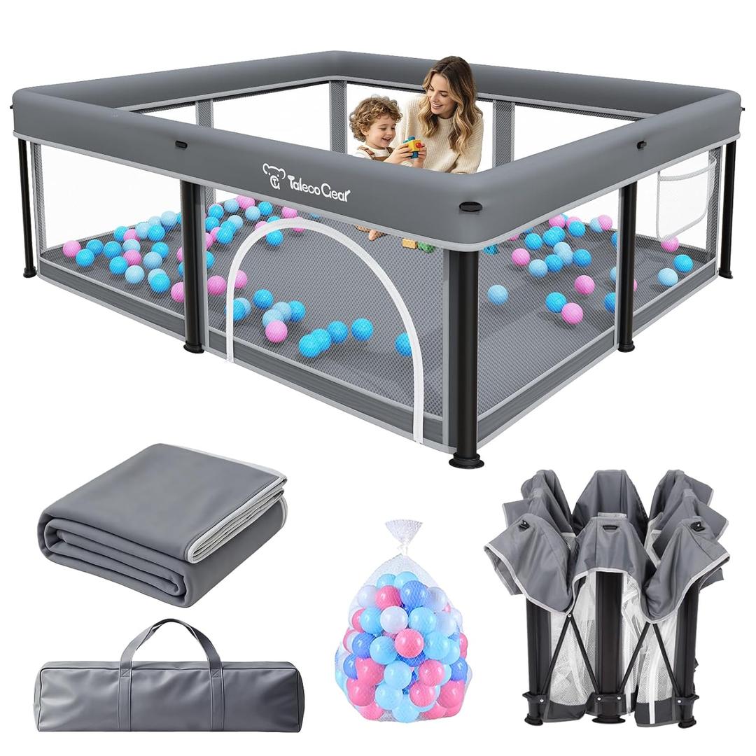TOREVSIOR Foldable Baby Playpen with Mat, 50"×71" F oldable P laypen for Babies and Toddlers, Indoor & Outdoor Kids Safety Play Pen, Portable Play Yard, Foldable Baby Playpen with 50 Ocean Balls
