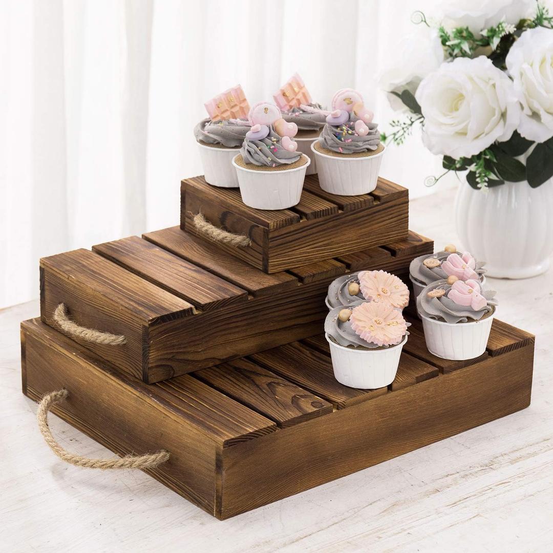 MyGift Burnt Wood Rustic Cake Stand Risers for Display, Wooden Pallets Style Tiered Dessert Stand, Cupcake Display Boxes with Rope Handles, Set of 3
