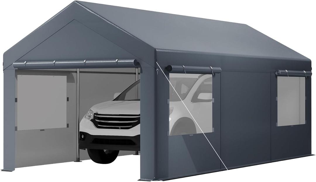 GarveeLife 10x20 ft Heavy Duty Carport, Portable Garage with Sidewalls, Doors and Ventilated Windows, UV Resistant and Waterproof, Carports 10x20 Heavy Duty for Car, Bike, Boat, Party (Gray)