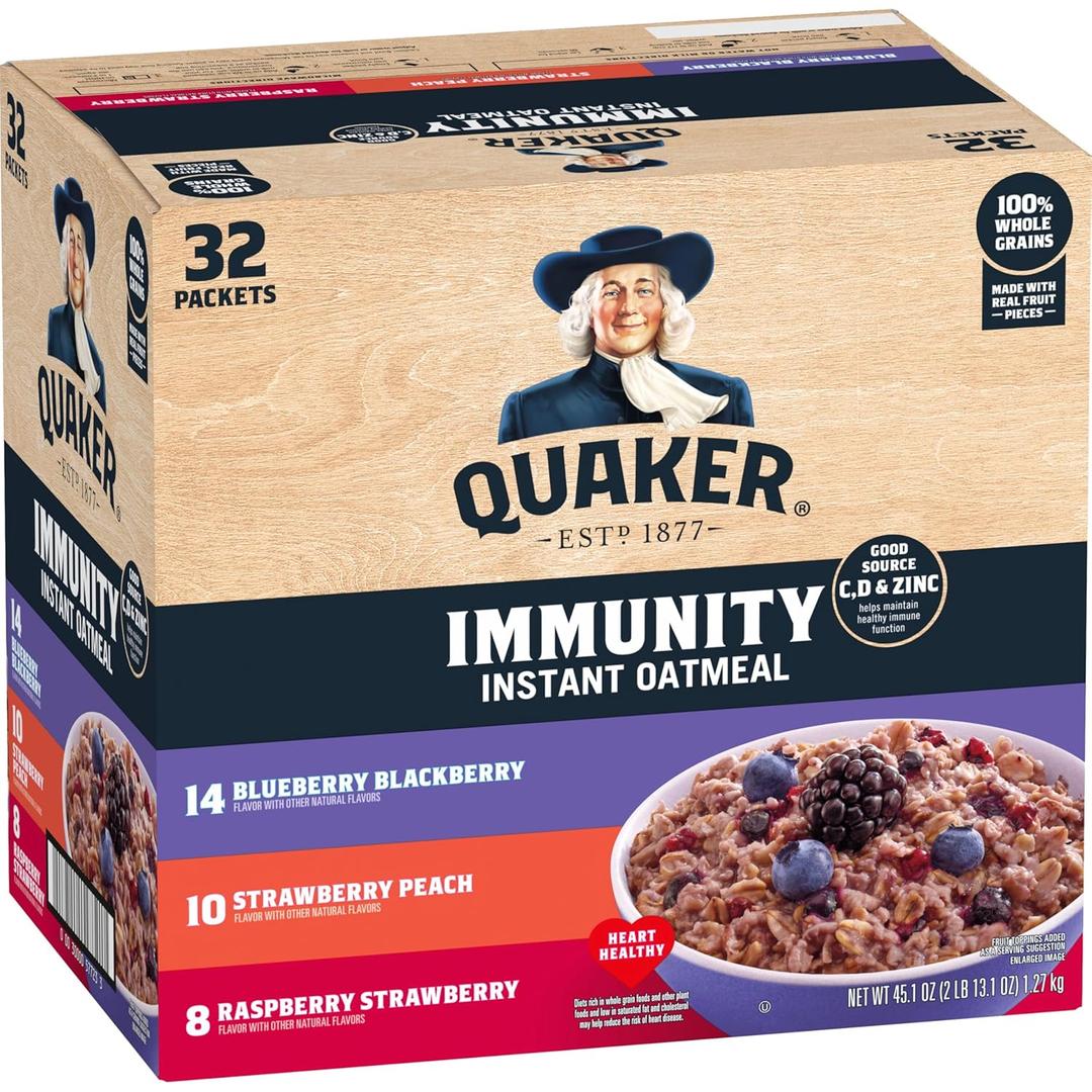 Quaker Immunity Instant Oatmeal, 3 Flavor Variety Pack, Good Source of Vitamins C, D, & Zinc, Whole Grains, No Artificial Flavors, No Colors from Artificial Sources, 1.41 oz Packets, (32 Pack) Best by: Jun 03, 2025