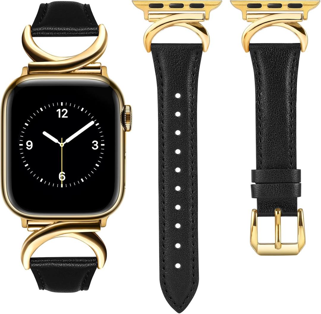 Minyee Leather Bands Compatible with Apple Watch Band 41mm 40mm 38mm 42mm 44mm 45mm 46mm 49mm Women, Slim Thin Dressy Strap with C-Shape Metal Buckle for iWatch Series 10 9 Ultra SE 8 7 6 5 4 3 2 1