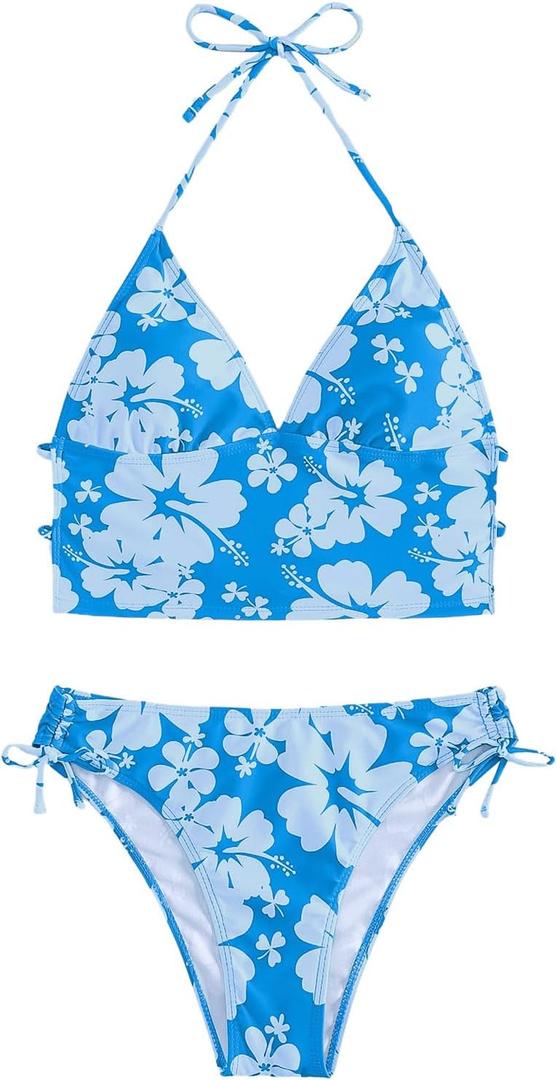Floerns Women's Tankinis 2 Piece Floral Print Halter Tie Back Crop Top and Bottoms Bikini Set (Medium, Blue)