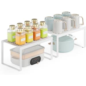 DOLALIKE Expandable Cabinet Shelf Organizers, Set of 2 Stackable Kitchen Countertop Shelf Storage, Spice Rack Mug Organizer for Cabinet, Counter Cupboard Pantry Rack Stand (White)