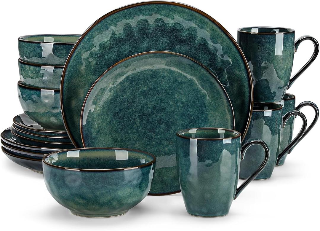 vancasso Starry Dinnerware Set for 4, 16 Pieces Handmade Reactive Glaze Stoneware Plates and Bowls Sets with Mugs, Dishwasher and Microwave Safe Dish Set, Green