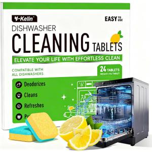 Dishwasher Cleaner and Deodorizer Tablets, Dishwasher Cleaning Tablets 24 Pack - Helps Remove Limescale & Odor, Prevents Buildup in Pipes, Safe for All Dishwashers, Lemon Scent - 12 Month Supply