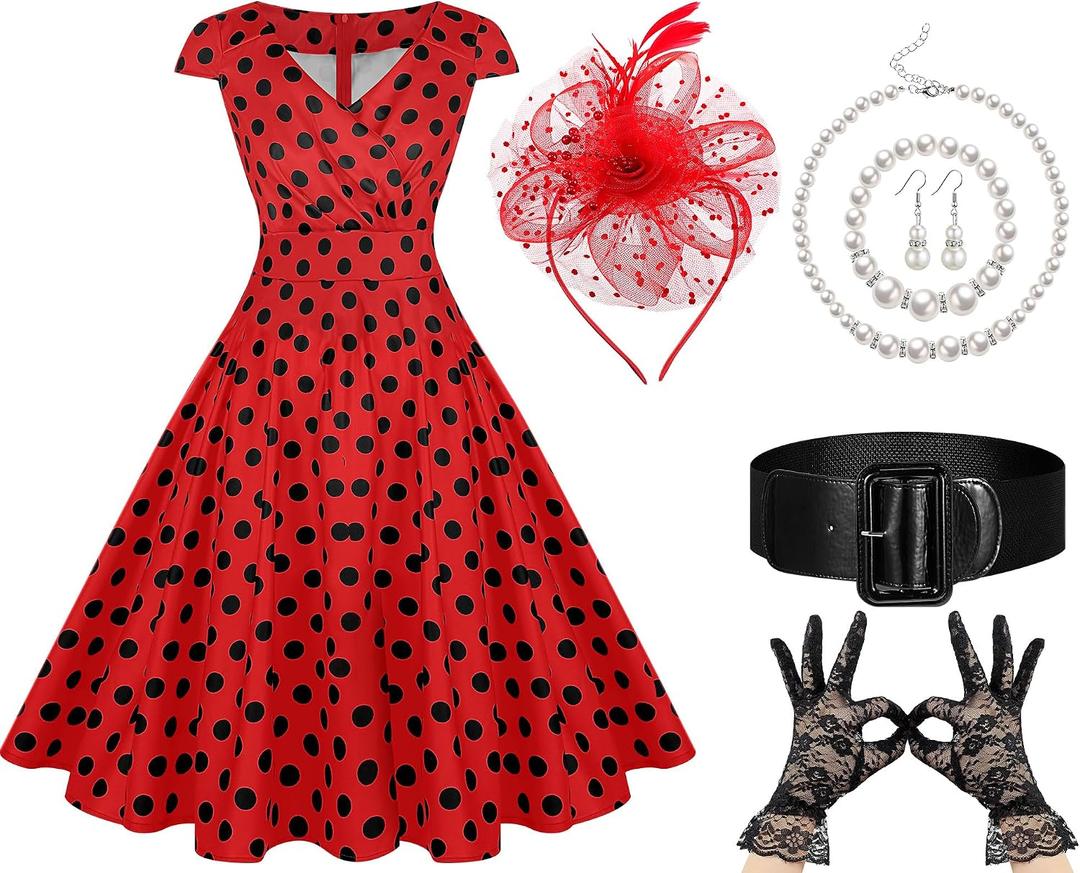 6 Pcs Vintage Swing Dress for Women 1950s, Polka Dot Dresses Tea Party Outfit Costume for Retro Derby Cocktail S