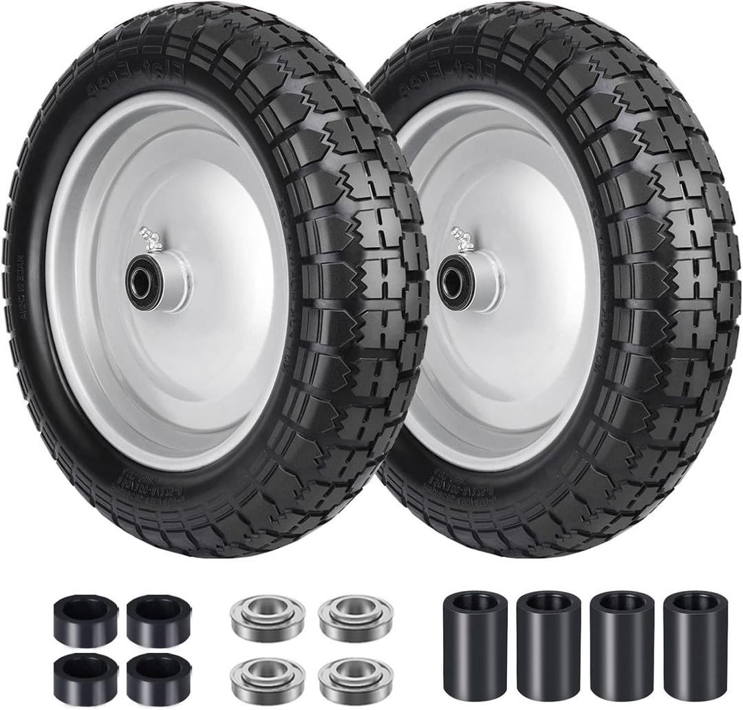 4.80/4.00-8 Tire, 14.5" Flat Free Wheelbarrow Tire and Wheel, 5/8" 3/4" Bearings Solid Replacement Tires, 3" -7" Centered Hub, Universal Fit 3.50/3.00-8, 4.00-6 Trolley Dolly Go Kar, 2 Pack