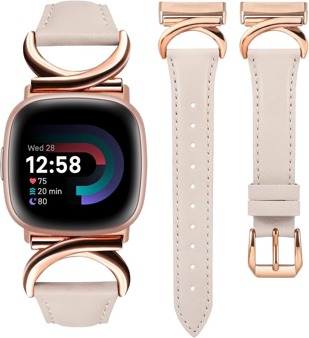 Minyee Leather Bands Compatible with Fitbit Versa 4/Versa 3/Fitbit Sense 2/Sense Band Women, Slim Thin Dressy Designer Premium Leather Strap with C-Shape Metal Buckle for Versa 3 4 Sense 2 Smartwatch (Starlight/Rose Gold)