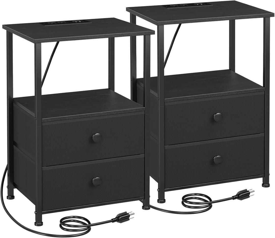 LOAKEKEL Night Stand Set 2, Black Nightstand with Charging Station, End Tables with Storage Shelf for Small Spaces, Bedside Table Side Tables with 2 Fabric Drawers for Bedroom, HETS020BK