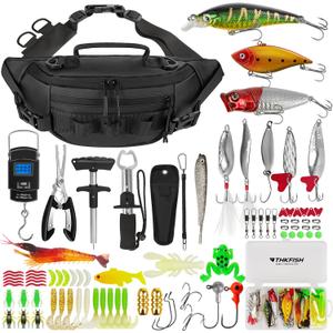 THKFISH Fishing Waist Pack Bag with Tackle Box, Small Fishing Sling Fanny Pack with Lure Kit, Fish Pliers Kit, Lip Gripper, Weigh Scale (Black)