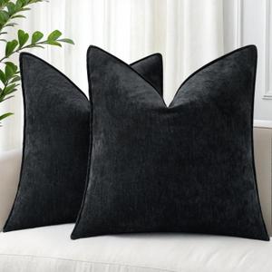 decorUhome Summer Couch Euro Sham Throw Pillow Covers 24x24 Set of 2, Decorative Soft Velvet Modern Cozy Chenille Pillow Cases with Elegant Design for Sofa Bed Living Room Home Decor, Black