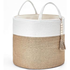 Mkono Woven Storage Basket Decorative Natural Rope Basket Wooden Bead Decoration for Blankets,Toys,Clothes,Shoes,Plant Organizer Bin with Handles Living Room Home, 16" Wx13.8 L, Cream White and Brown