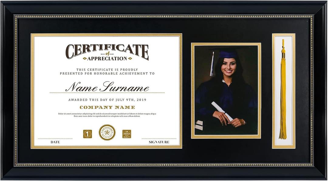 GraduatePro Picture Frame - Black Frame with Gold Rim, 11x22 inches, Document/Certificate & 5x7 Photo, Double Mat, Real Glass, Tassel Holder, Vintage Collection
