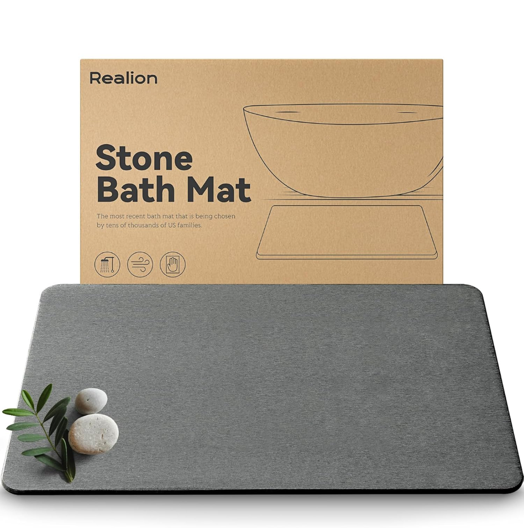Realion, Stone Bath Mat, Dries Quickly, Non-Slip Diatomaceous Earth Bath Mats for Bathroom, Super Absorbent Stone Shower Mat, Easy to Clean, 23.5" x 15.5" Dark Gray