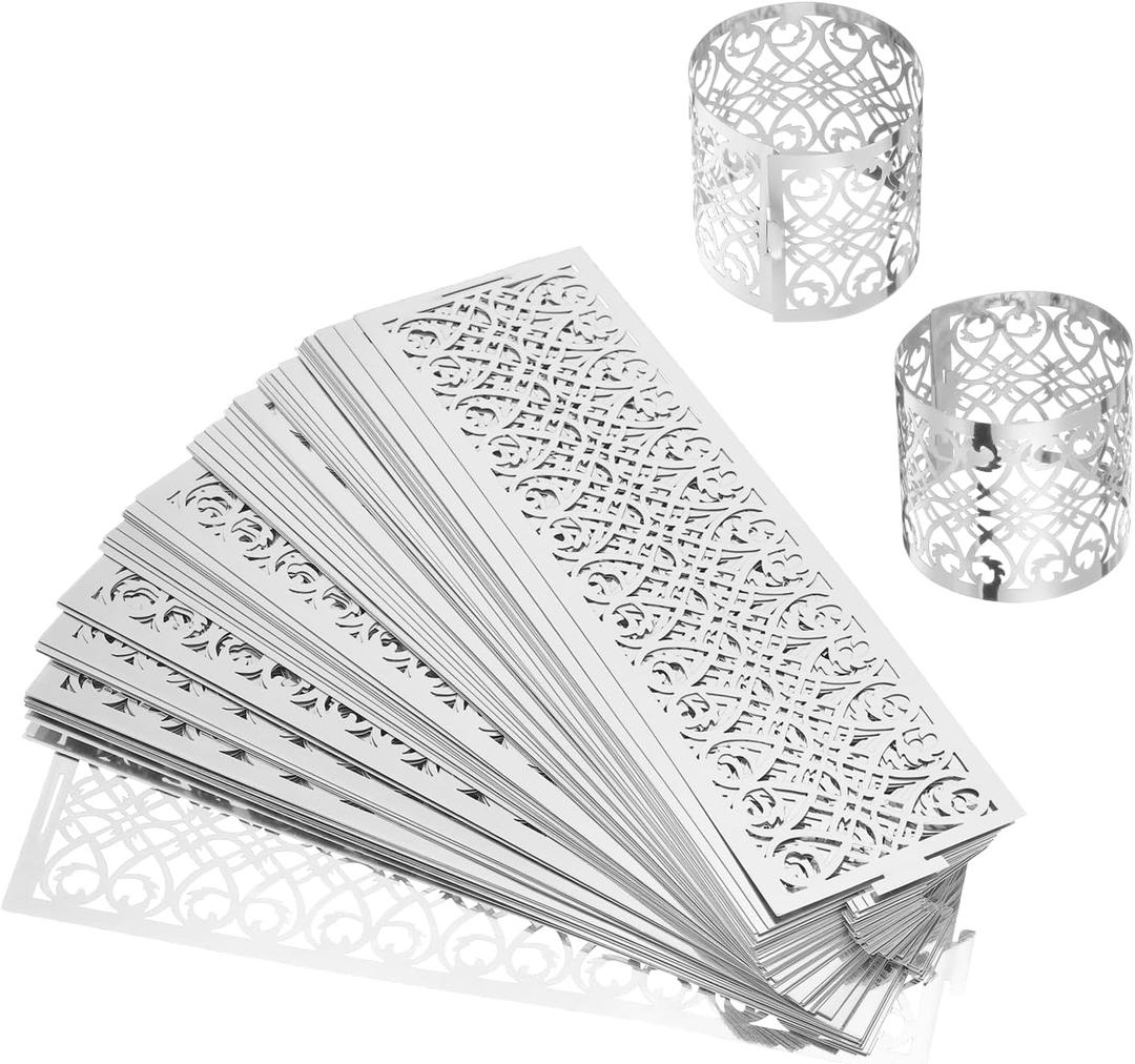 Uxcell 100Pcs Napkin Rings Laser Cut Foil Paper, Napkin Holder Hollow Napkin Bands for Weddings Party Serviette Table Decoration Restaurant (Reflective Silver Tone, 5.3 x 1.6)