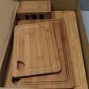 Astercook Deep-Carbonized Bamboo Cutting Boards for Kitchen with Wood Storage Stand, Reversible Charcuterie & Chopping Boards with Juice Grooves and Easy-Grip Handles, Knife-Friendly, Kitchen Gift