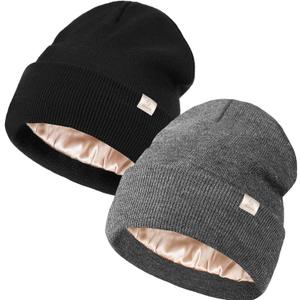 Satin Lined Beanie for Women Men Winter Silk Lined Hat Warm Knit Cuffed Beanies Hat Thickened Slouchy Skull Cap (One Size, Black, Gray)
