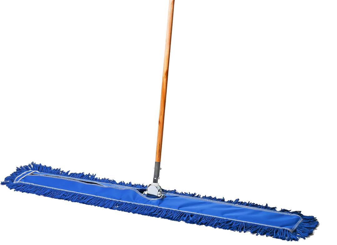 Tidy Tools Commercial Floor Sweeper, 48 in. Reusable Mop Head, Wooden Handle, Industrial Dry Mop for Hardwood Floors, Blue