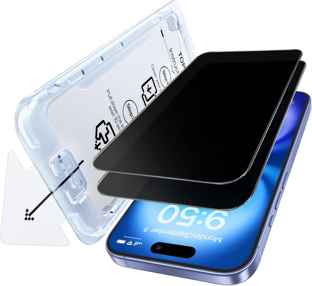 SMARTDEVIL 2 Pack Privacy Screen Protector for iPhone 16, Anti-Spy Tempered Glass, 9H Hardness, Scratch Resistant, Easy Installation, Bubble Free, Case Friendly