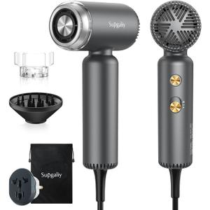 SUPGALIY Dual Voltage Hair Dryer, High-Speed Ionic Blow Dryer for Fast Drying, Travel Compact Hair Blow Dryer with Magnetic Curly Diffuser for Home, Portable Hairdryer International 100-240V (Grey)