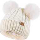 Women's Winter Hat Soft Knit Beanie with Faux Fur Pom Hat with Warm Fleece Lining Skull Cap for Women (White)