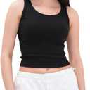 Women's Sleeveless Full Length Ribbed Fitted Racerback Workout Crew High Neck Basic Tank Top - (Black,L)