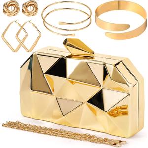 5 Pcs Clutch Purse for Women Evening Prom Purses Metallic Handbag for Valentines Wedding Banquet Retro Jewelry Set (Gold)