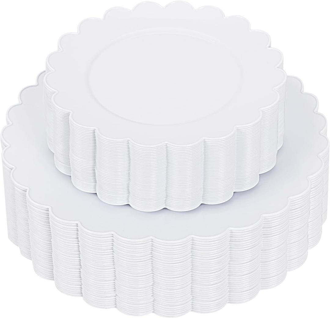 Supernal 100pcs White Plastic Plates Disposable For Birthday And Wedding, Plastic Plates For Party Includes 50pcs Dinner Plates,50pcs Dessert Plates. Scalloped Plastic Plates for 50 Guests