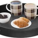 HofferRuffer PU Leather Round Serving Tray with Handles, Decorative Catchall Vanity Coffee Tray, Faux Leather Ottoman Tray for Home Or Office, Diameter 14.6-inch (Black)