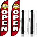 Feather Flag Pole Kit 15ft Tall 2 Pack with 12ft Tall Now Open Flags Feather Banner Advertising Open Flags for Business Grand Opening Signs Fiberglass Swooper Flag Poles with Heavy Duty Ground Spikes