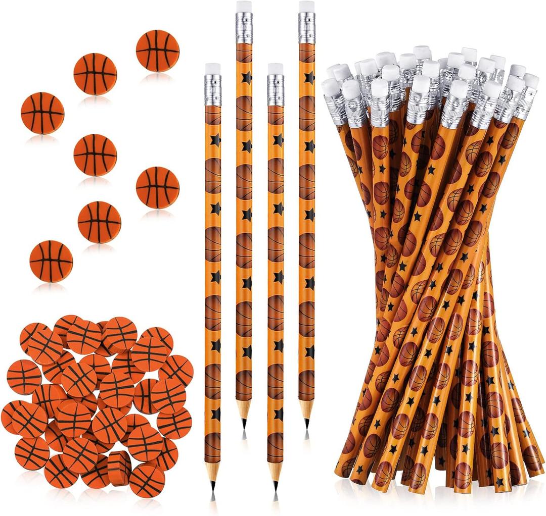 Tinlade 72 Pcs Basketball Pencils and Erasers for Kids Fun Wooden Pencils for Kids Boys Sports Themed Stuff Birthday Party Favors Gifts Goodie Bags Students Stationery Party School Office Supplies