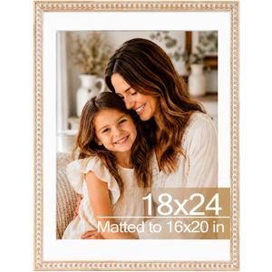 Solid Wood 18x24 Picture Frame Beaded Frame with 16x20 Mat, Rustic Vintage 18 by 24 Photo Frame Matted with Plexiglass for Wall Display, Rustic White