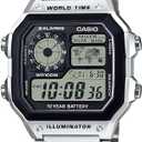 Casio AE1200WH Series | Men's Digital Watch | 100M WR | Multi Alarms | 100 SEC Stopwatch | Countdown Timer | World Map for World Time | LED Light | LC Analog Display | 10 Year Battery (Silver)